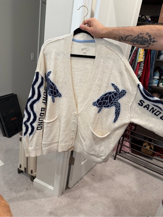 Pilcro Sweaters - Pilcro Cream Cardigan with Navy Turtle Motifs